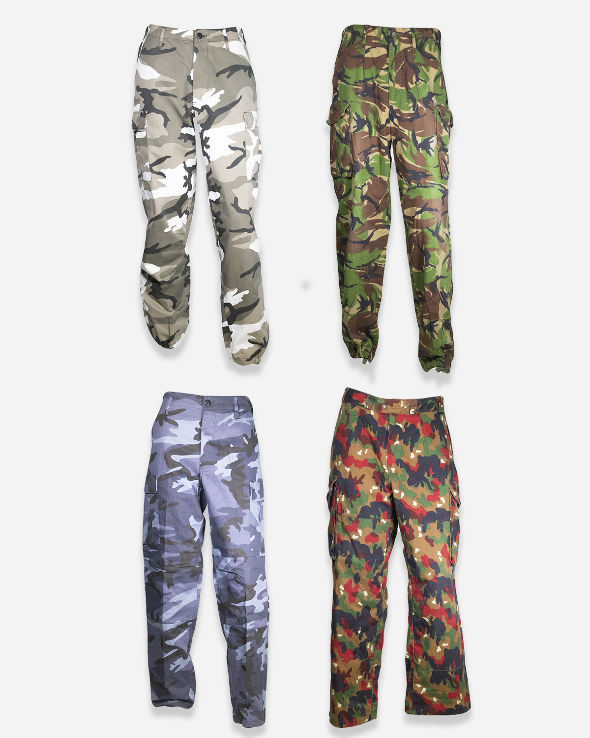 Box four camouflage military trousers