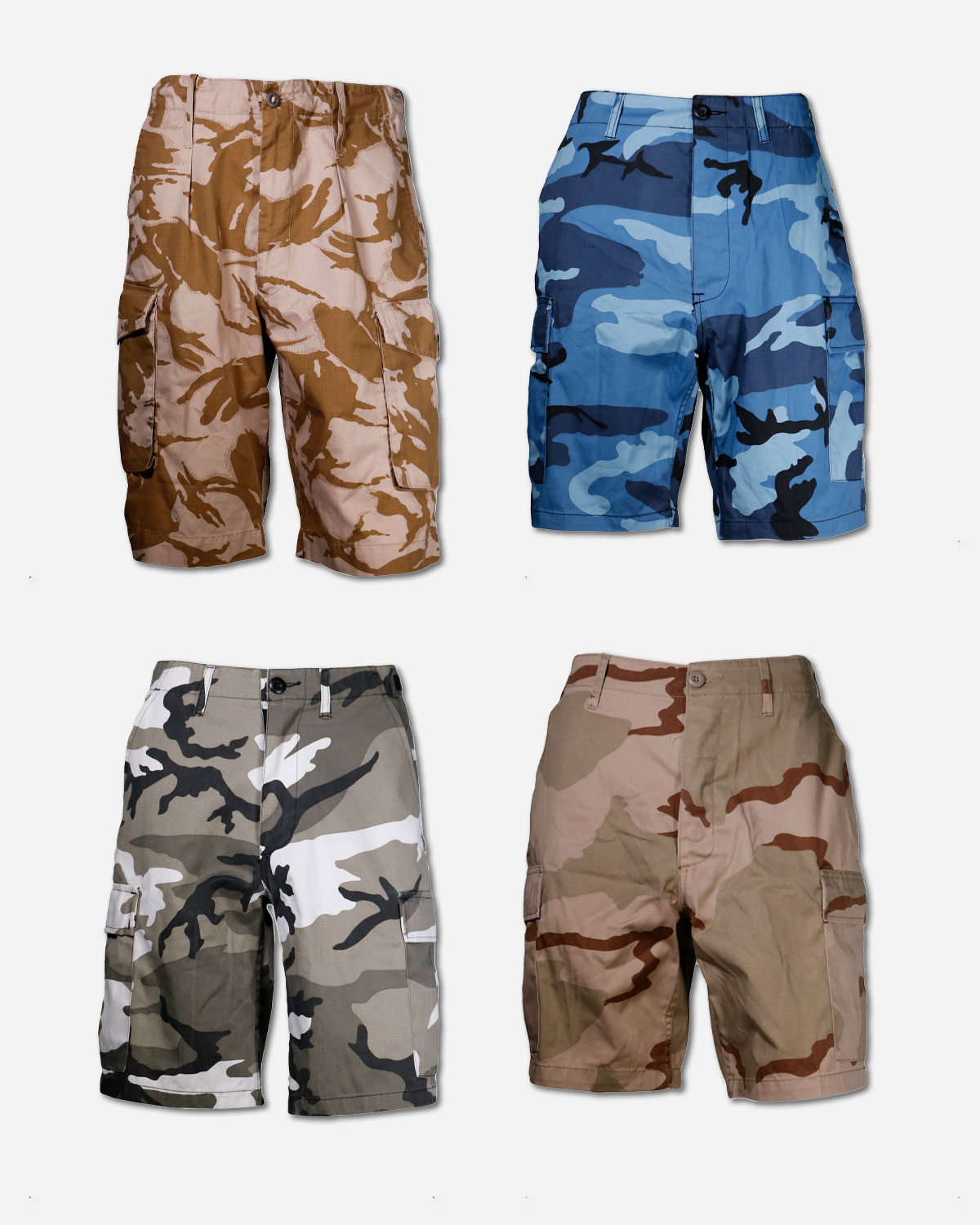 Box four camouflage military shorts
